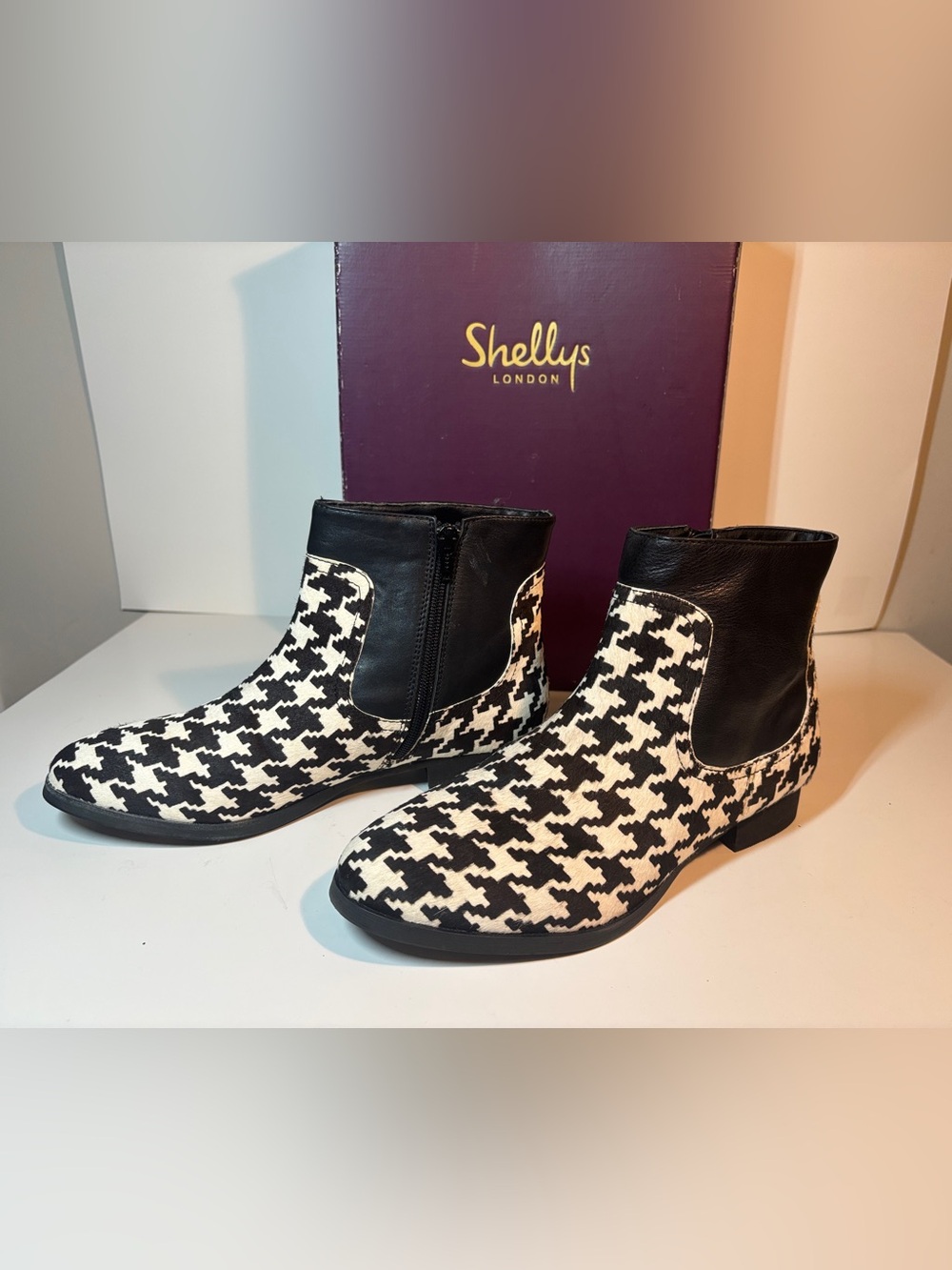 Shellys London Black and White Houndstooth Ankle Booties